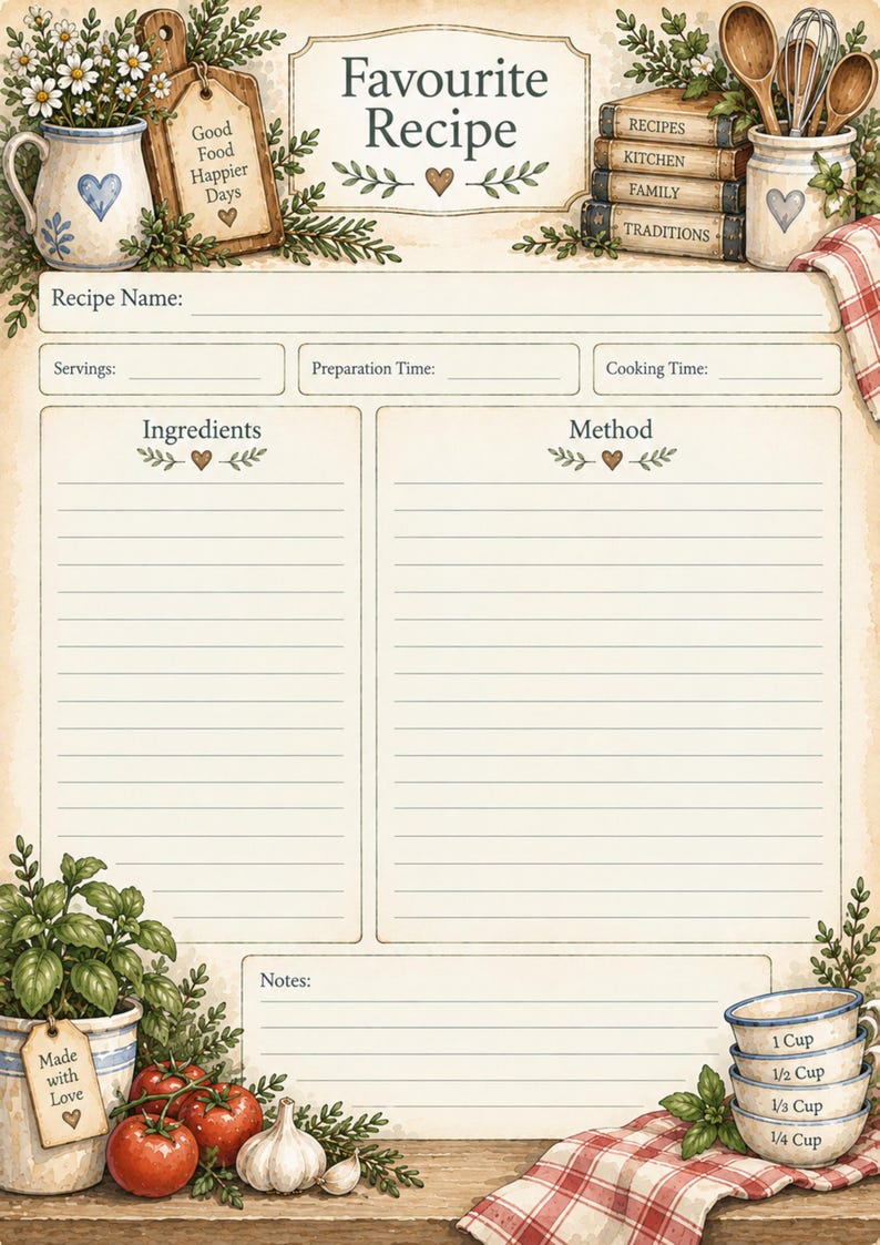 Family Recipe Keeper Printable Journal Pages, Vintage Kitchen Recipe ...
