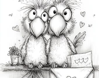 Lovebird Letters, Whimsical Bird Couple PNG Set, Valentine Sketch Art, Cute Birds With Envelope, Romantic Doodle Clipart,