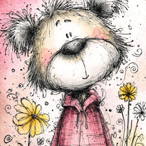 Puede incluir: Ilustraci&oacute;n caprichosa de un oso de peluche con una sudadera con capucha rosa, sobre un fondo de acuarela rosa suave. El oso tiene una apariencia esbozada con pelaje detallado y una expresi&oacute;n dulce. Flores amarillas y blancas y remolinos decorativos.