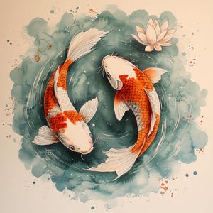 Carpa Koi, arte del pesce koi, clipart koi, acquerello koi, arte dello stagno koi, arredamento del pesce zen, yin yang koi, illustrazione del pesce, immagini JPG