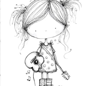 May include: A monochrome illustration of a girl with pigtails holding a guitar. The girl is wearing a polka dot dress and boots. Musical notes and a flower are also included in the drawing.