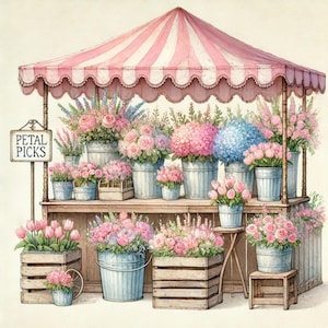 Flower Market Stall, floral clipart, flower stall, pastel flowers, market booth, watercolor art, flower shop, vintage blooms, JPG images