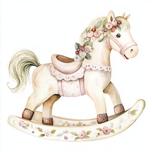 Cavalo de balanço, arte de pônei rosa, decoração para bebê menina, cavalo de berçário, arte de cavalo de brinquedo, clipart de pônei, arte de parede de cavalo, arte de quarto de bebê, impressão fofa de pônei