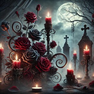 Dark Gothic Roses, Gothic Roses, Moonlit Graveyard, Eerie Candles ...