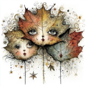 May include: An artistic watercolor illustration featuring three faces crafted from autumn leaves. The faces have detailed eyes, red lips, and blush. The leaves are in shades of orange, brown, and yellow, with intricate patterns and embellishments.