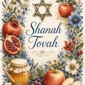 Op de afbeelding: Een aquarelillustratie met de tekst Shanah Tovah, een Davidster, granaatappels, appels, druiven en een honingpot met een honingdruppelaar, omringd door een decoratieve rand van blauwe bloemen, groene bladeren en olijftakken.