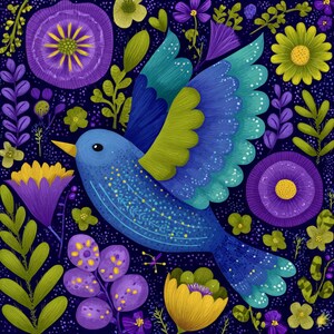 blue bird art, floral bird, bird wall art, spring decor, nature art print, garden bird art, colorful bird, flower bird, whimsical art