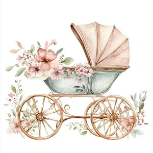 May include: A watercolour illustration of a vintage baby carriage in pastel shades. The carriage is light blue with a pink canopy, decorated with pink and peach flowers and green foliage. The wheels are a light brown colour.