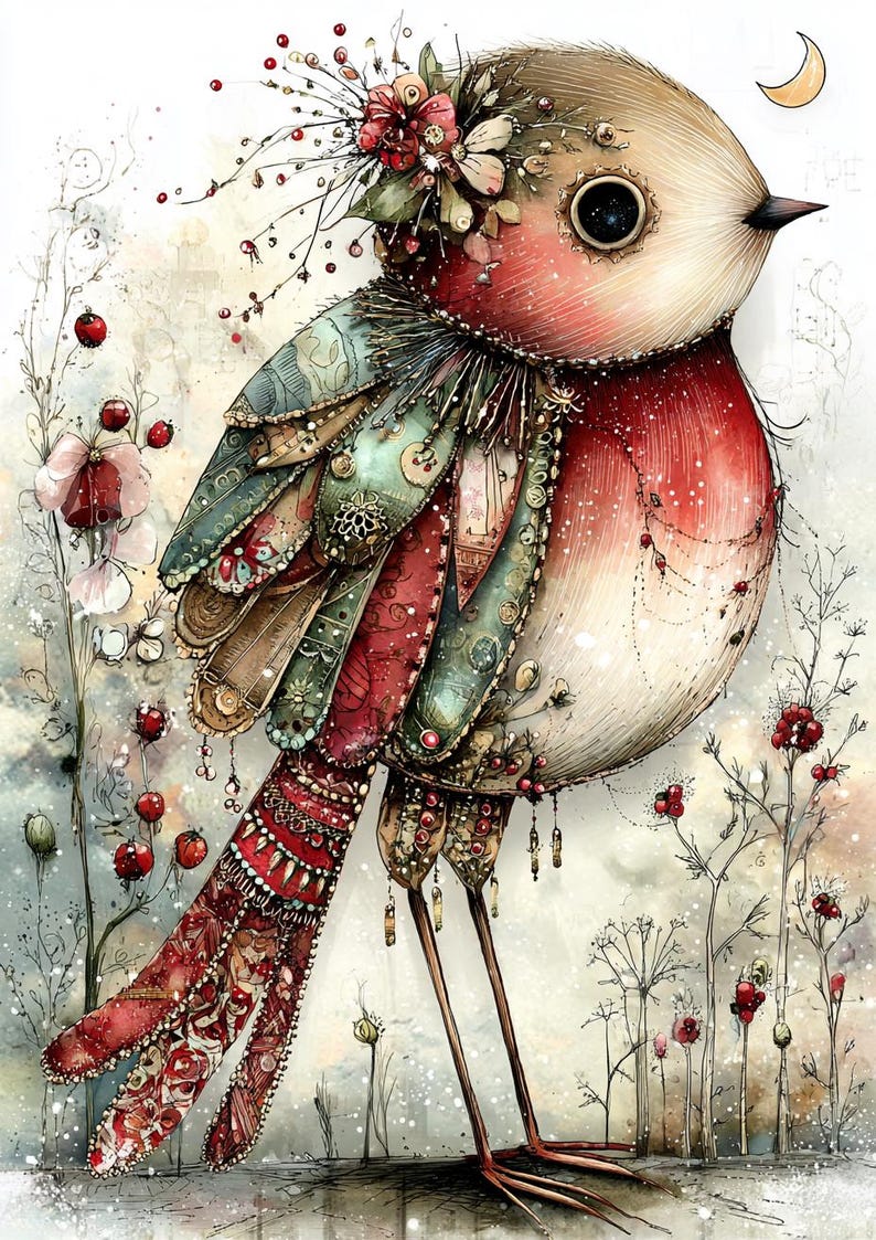Whimsy Robin Whimsical Christmas Robin PNG Set, Vintage Bird Clipart, Festive ...