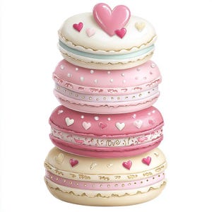 Puede incluir: Una pila de cuatro macarons decorativos en tonos rosa y crema. Cada macaron está adornado con adornos en forma de corazón y detalles decorativos. El macaron superior tiene un gran corazón rosa.