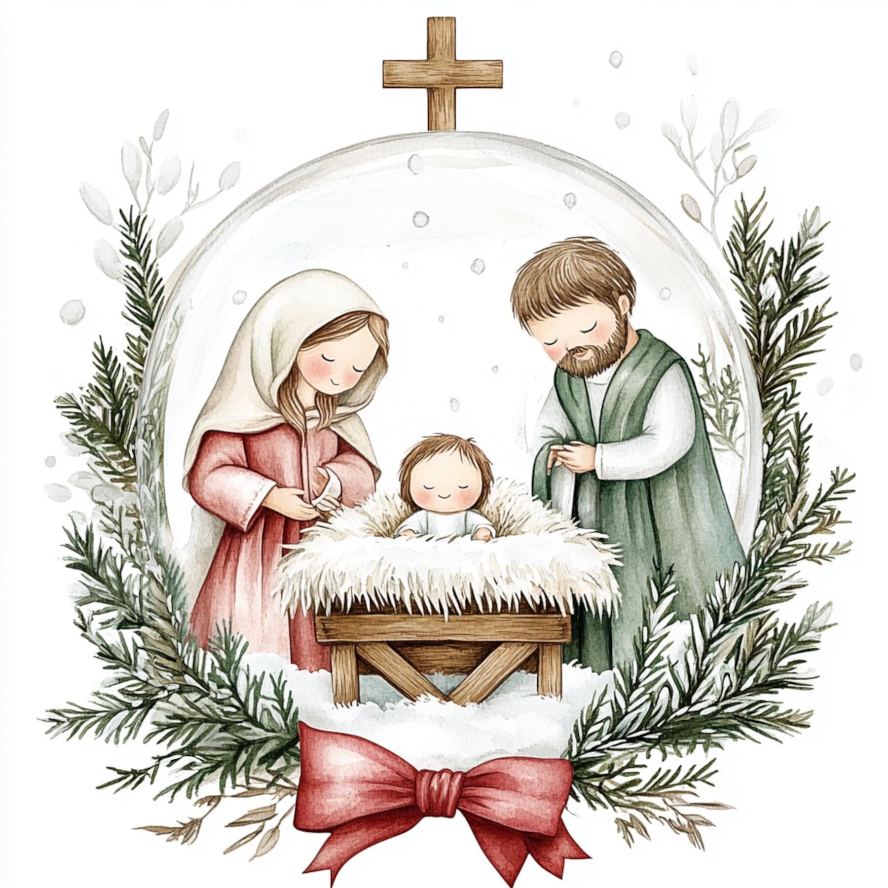 キリスト降誕の絵、聖家族、クリスマスのクリップアート、馬小屋の風景