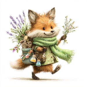 forest fox, herbal fox, potion fox, cute woodland fox, fox in scarf, forager fox, fox with herbs, cozy fox art, cottagecore fox