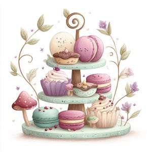 macaron stack, cute cupcakes, fairy treats, pastel sweets, flower tea, tea party tray, woodland snacks, whimsical food, dreamy desser