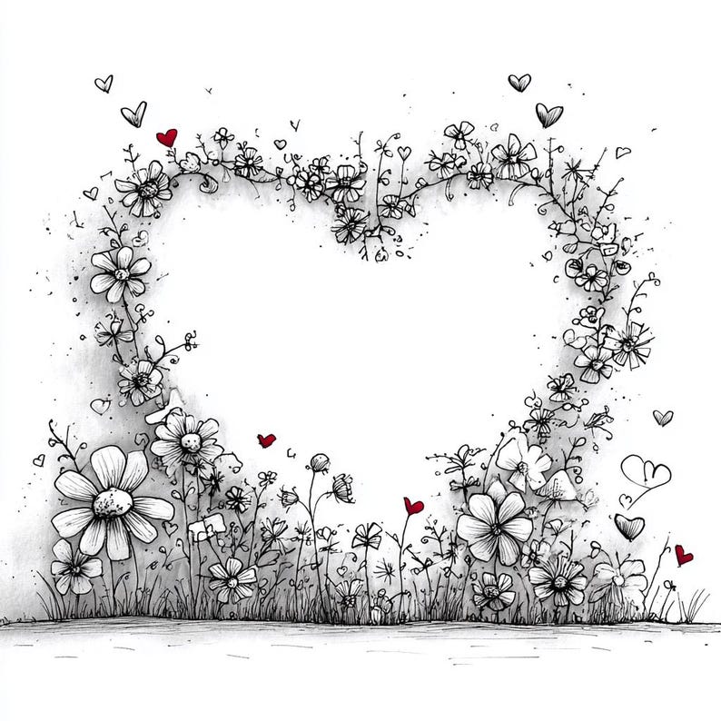 Hand-drawn Floral Heart Clipart, Black and White Flower Frame PNG ...