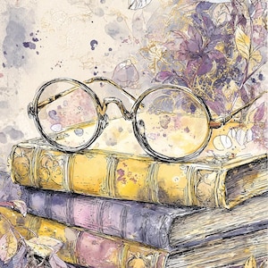 libri d'epoca, tempo di lettura, pila di fiori, decorazioni pastello, lettura accogliente, carta vecchia, occhiali antichi, amante dei libri, studio romantico