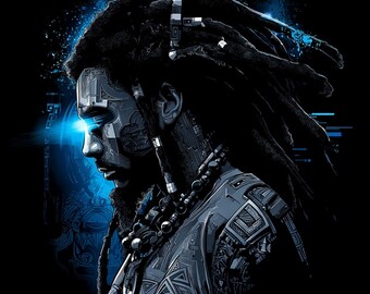 Cyberpunk Dreadlock Musician CLIPART, Futuristic DJ Portrait, Neon Blue Tech Art, Urban Sci Fi Character