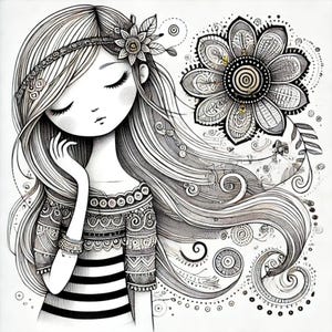 Il mio fiore preferito, illustrazione sognante, arte stravagante, ragazza con fiore, design artistico, umore etereo, immagini JPG