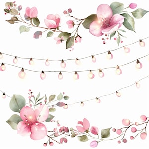 Fairy Lights Clipart, Pink Garland Art, Boho String Lights, Watercolor Garland, Romantic Clipart, Cottagecore Lights, Floral String Art,