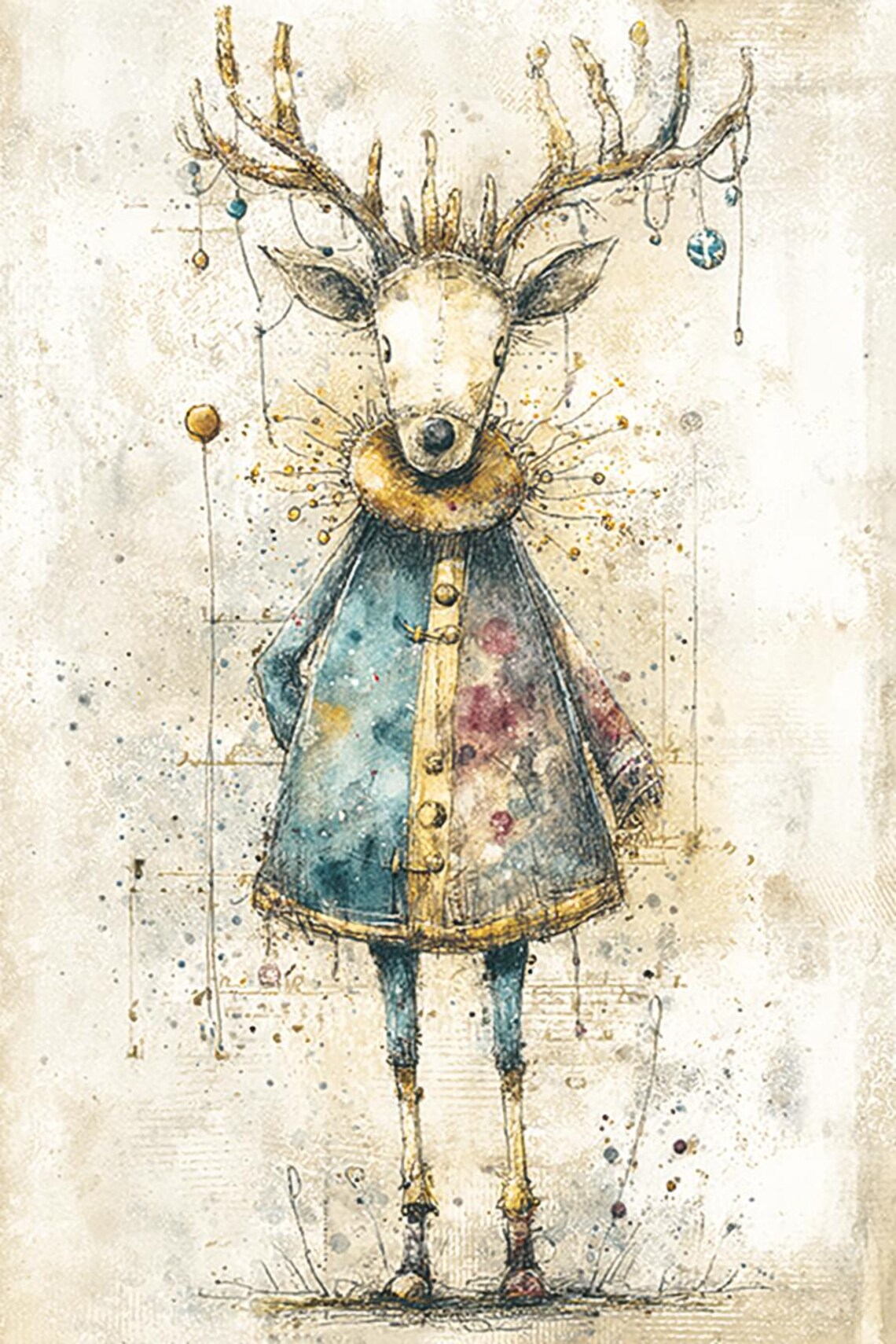 Whimsical Deer Illustration in Blue Coat and Scarf, Vintage Woodland ...