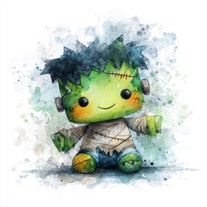 May include: Watercolor illustration of a cute Frankenstein's monster doll. The doll has green skin, black hair, and is wearing bandages and blue pants. The background features watercolor paint splatters in shades of green and blue.