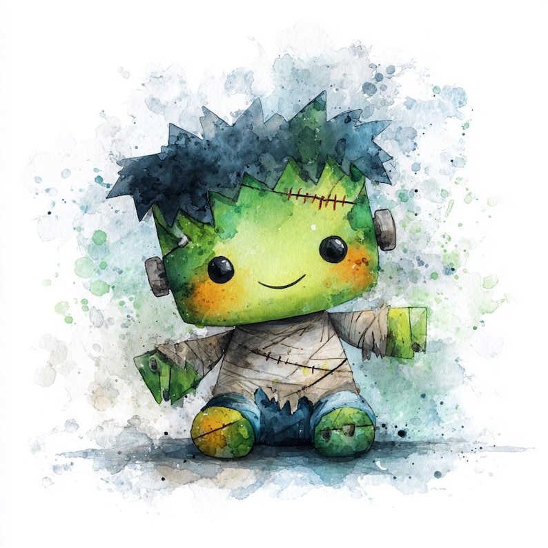 May include: Watercolor illustration of a cute Frankenstein's monster doll. The doll has green skin, black hair, and is wearing bandages and blue pants. The background features watercolor paint splatters in shades of green and blue.