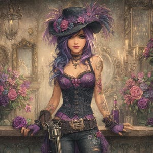 Könnte beinhalten: Illustration einer Frau in einem lila und schwarzen Korsett, Hut und Jeans, die einen Revolver hält. Der Hut ist mit Federn und Blumen verziert. Der Hintergrund zeigt Blumenarrangements und antike Dekoration.