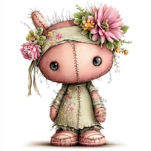 Könnte beinhalten: Eine skurrile, handgefertigte Puppe mit rosigem Teint, großen dunklen Augen und gestickten Details. Sie trägt ein hellgrünes Kleid mit floralen Stickereien und einen Blumenkranz mit rosa und gelben Blüten. Die Füße und Hände der Puppe sind ebenfalls rosa.