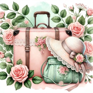 Voyage floral, art de voyage pastel, valise aquarelle, clipart de voyage floral, bagage fantaisiste, ensemble de voyage romantique, art de voyage féminin,