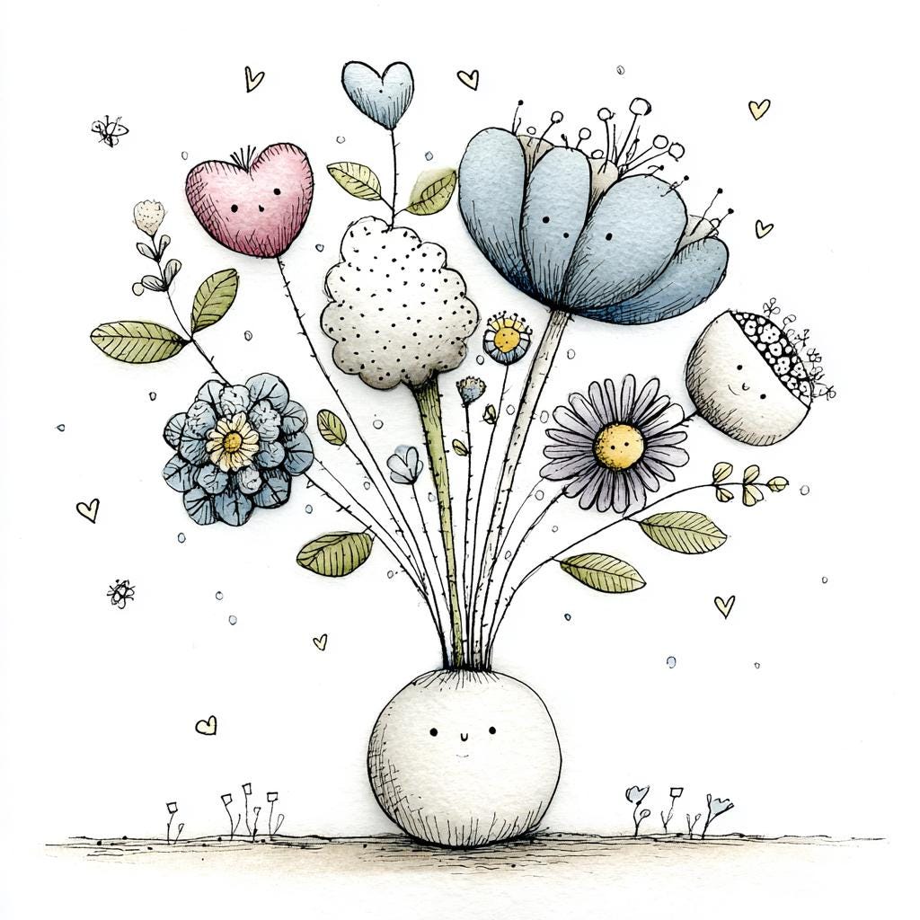 Whimsical Flower Art Print, Cute Smiling Flowers Illustration