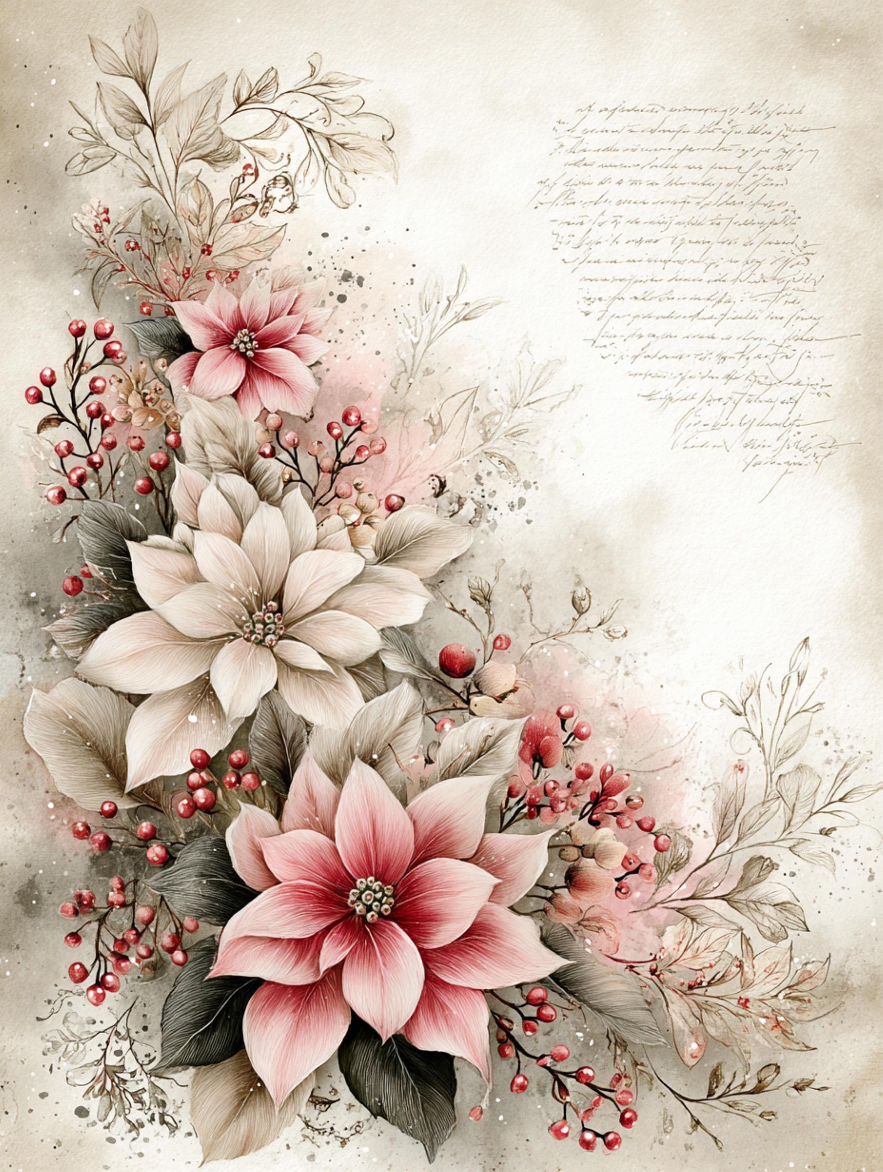 ポインセチアの花、クリスマスの花柄、水彩画のベリー、ヴィンテージの