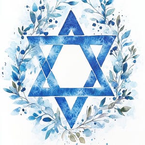 May include: A blue watercolour Star of David surrounded by a wreath of blue and green watercolour leaves.