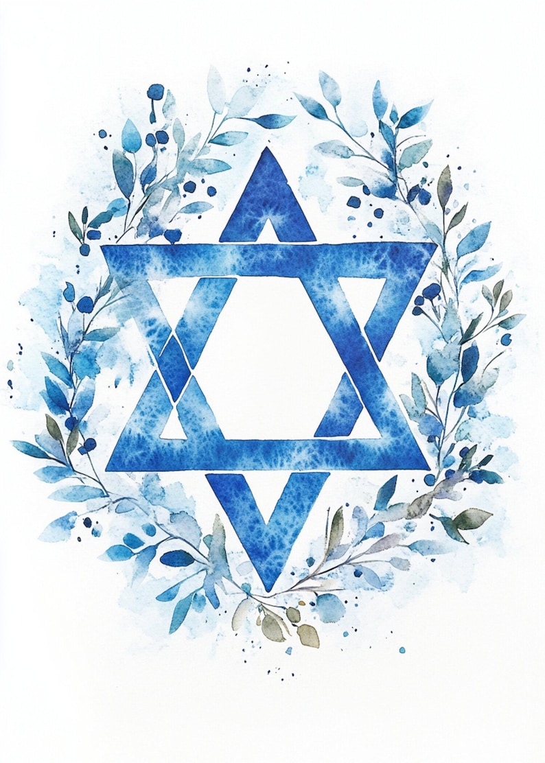 May include: A blue watercolour Star of David surrounded by a wreath of blue and green watercolour leaves.