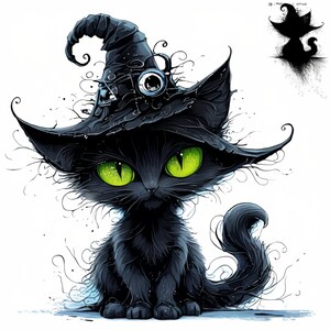 Witch Cat Art, Spooky Cat Clip, Black Cat Magic, Halloween Pet, Cute ...
