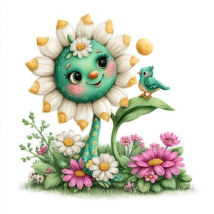 Sol caprichoso, cara de flor linda, jardín kawaii, flor soleada, floración sonriente, pétalos alegres, arte de sol feliz, alegría floral, sol de dibujos animados
