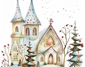 クリスマス教会、雪の教会、冬の教会アート、ホリデー教会、お祭り教会
