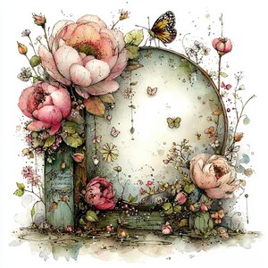May include: Watercolor illustration of a round, light green frame adorned with pink peonies, small flowers, and butterflies. The frame has a wooden post on the left side. The artwork has a soft, dreamy aesthetic.