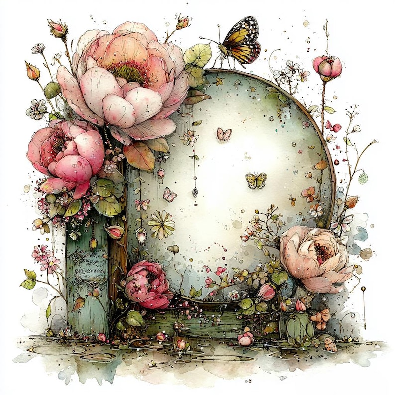 May include: Watercolor illustration of a round, light green frame adorned with pink peonies, small flowers, and butterflies. The frame has a wooden post on the left side. The artwork has a soft, dreamy aesthetic.
