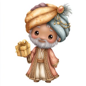 Könnte beinhalten: Cartoon-Illustration einer lächelnden, älteren Figur mit weißem Bart, die einen Turban und eine Robe trägt. Die Figur hält eine kleine, goldene Geschenkbox mit Schleife. Die Farbpalette umfasst Gold, Pfirsich und Blau.