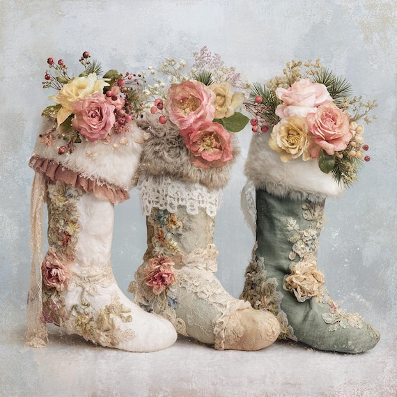 Vintage Stocking, Lace Christmas, Floral Boot Art, Shabby Chic Art