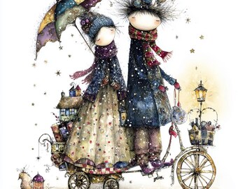 Conjunto PNG de aldea invernal caprichosa, imágenes prediseñadas de acogedoras casas navideñas, ilustraciones de gnomos nevados, colección de arte navideño vintage