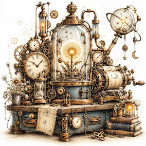 May include: A complex mechanical apparatus featuring a central glass dome enclosing a glowing dandelion, surrounded by brass gears, multiple analog clocks, an hourglass, a scroll with celestial charts, and a stack of antique books.