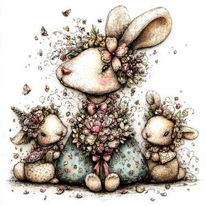 Whimsical Spring Bunny PNG Set, Floral Rabbit Clipart, Pastel Garden ...