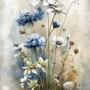 May include: An artistic painting of various wildflowers in shades of white, blue, and green. The flowers have delicate petals and are set against a soft, neutral background, creating a serene and natural aesthetic.