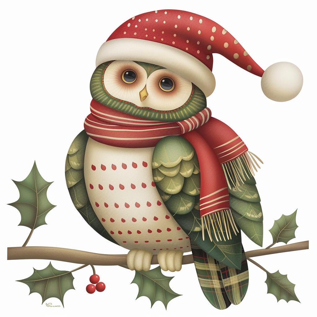 winter bird, christmas owl, festive owl, holiday decor, cute owl art, xmas decorations, woodland owl