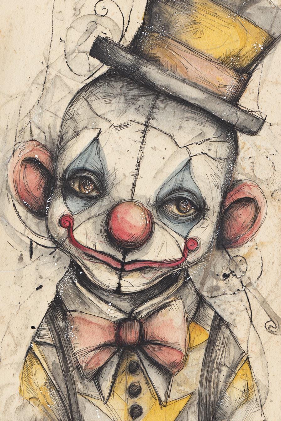ピエロの絵 不気味なピエロのアート、ビンテージのサーカスの顔、ホラーピエロの