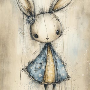 May include: Whimsical illustration of a rabbit-like creature with large ears, wearing a blue coat over a yellow dress. The artwork features a soft color palette with watercolor-style details and a touch of whimsy. The rabbit has a flower on its head.