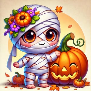 Mummy Boo, słodka mumia, dziecko Halloween, sztuka Halloween, upiornie słodkie, dyniowy przyjaciel, kreskówkowa mumia, kwiatowa mumia, jesienna dekoracja. Obrazy JPG