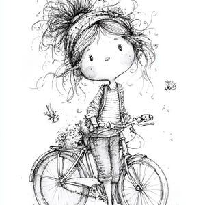 May include: A monochrome sketch depicting a girl with a bicycle. The girl has a messy bun, a headband, and is wearing a striped top and trousers. The bicycle features a basket filled with flowers.