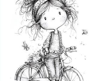 whimsy bike, girl on bicycle, cute sketch girl, floral bike art, cycling girl art, line art bicycle, black white bike, quirky bike ride,