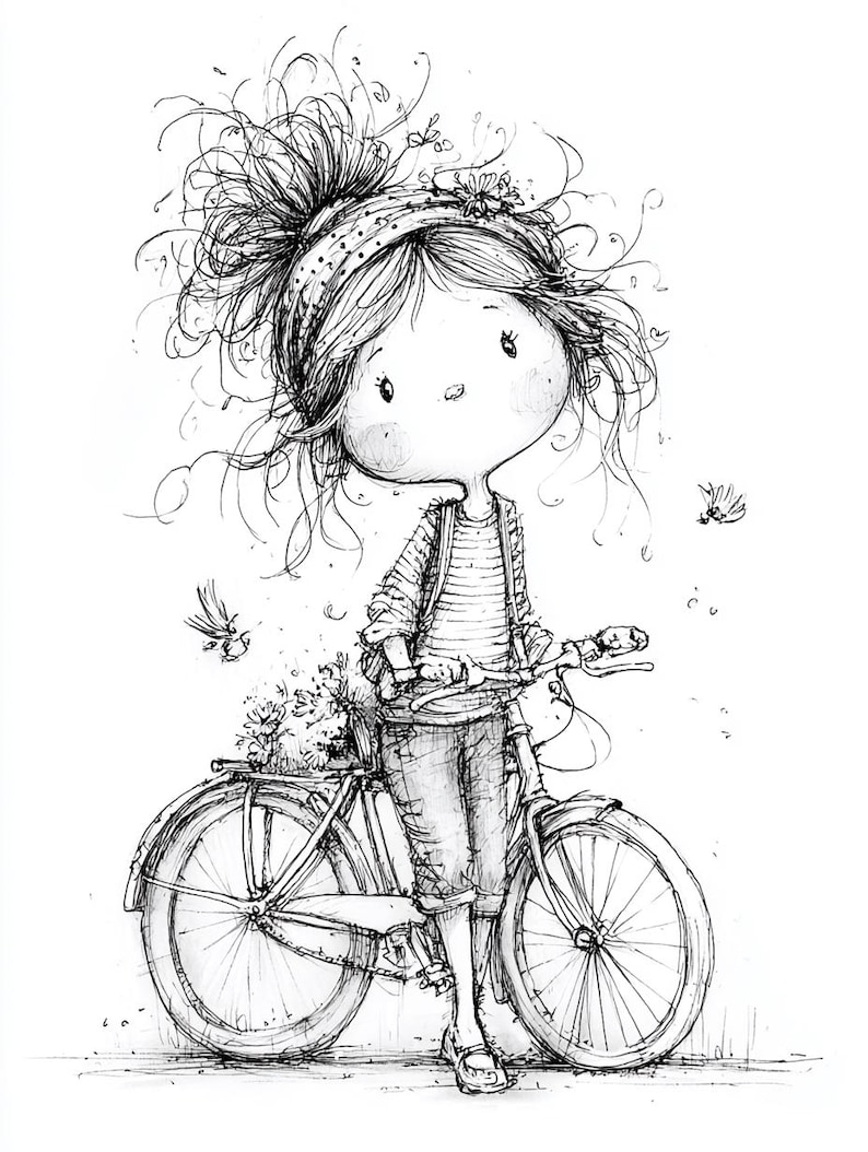May include: A monochrome sketch depicting a girl with a bicycle. The girl has a messy bun, a headband, and is wearing a striped top and trousers. The bicycle features a basket filled with flowers.